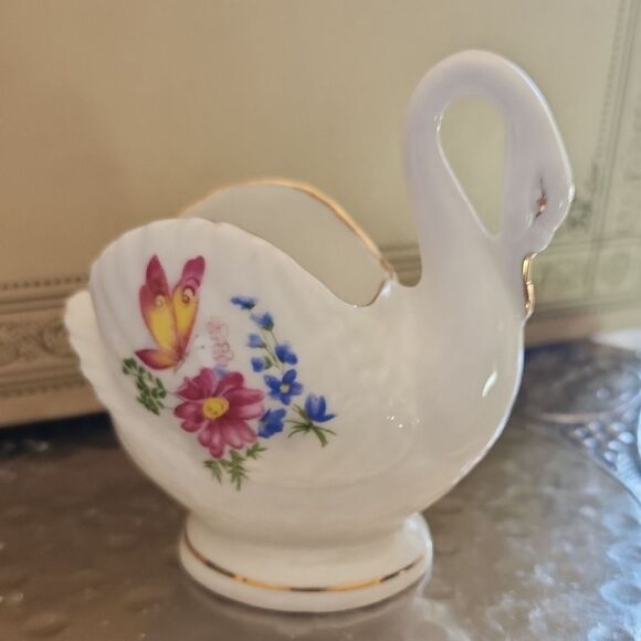 Vintage Floral Swan Figurine Trinket Dish Lefton Porcelain Coquette Bridal - Picture 5 of 14